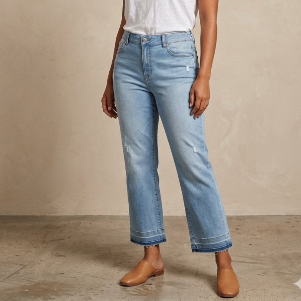 Tahari Natalie Jeans Women 12/31 Slate Blue Wash Released Hem Straight Leg Boho